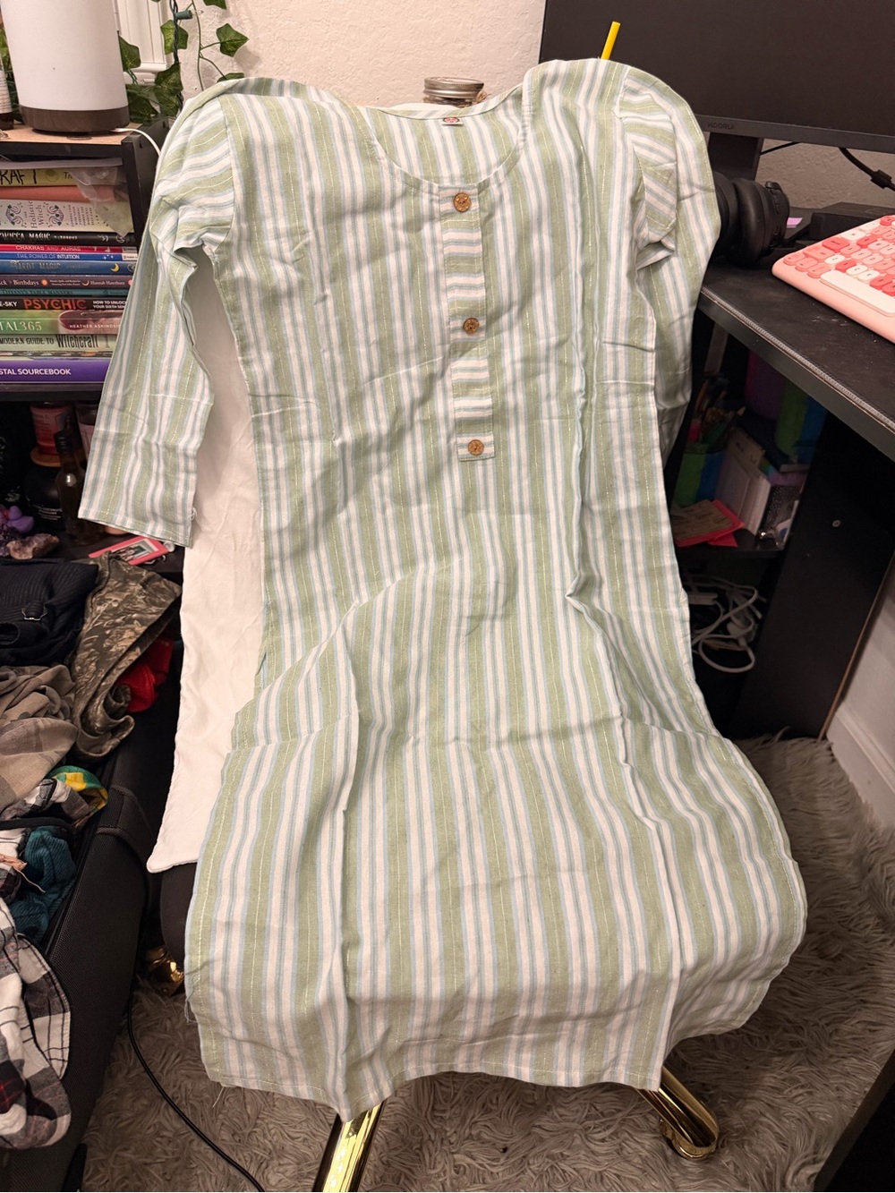 B & R Light Green & White Striped Button-Front Midi Dress